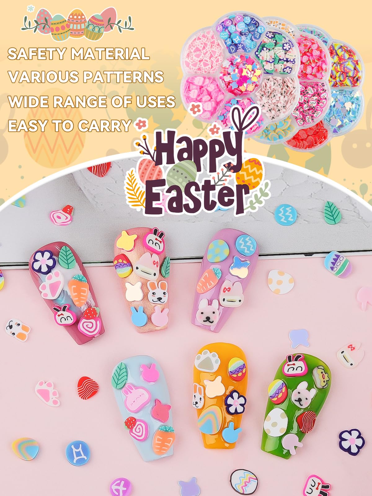 Easter Nail Art Sequins, Kalolary 3D Rabbits, Carrots, Eggs, Chicks, Flowers Shape Polymer Clay Slices for Acrylic Nails Design Easter Party Decor（3 Boxes）