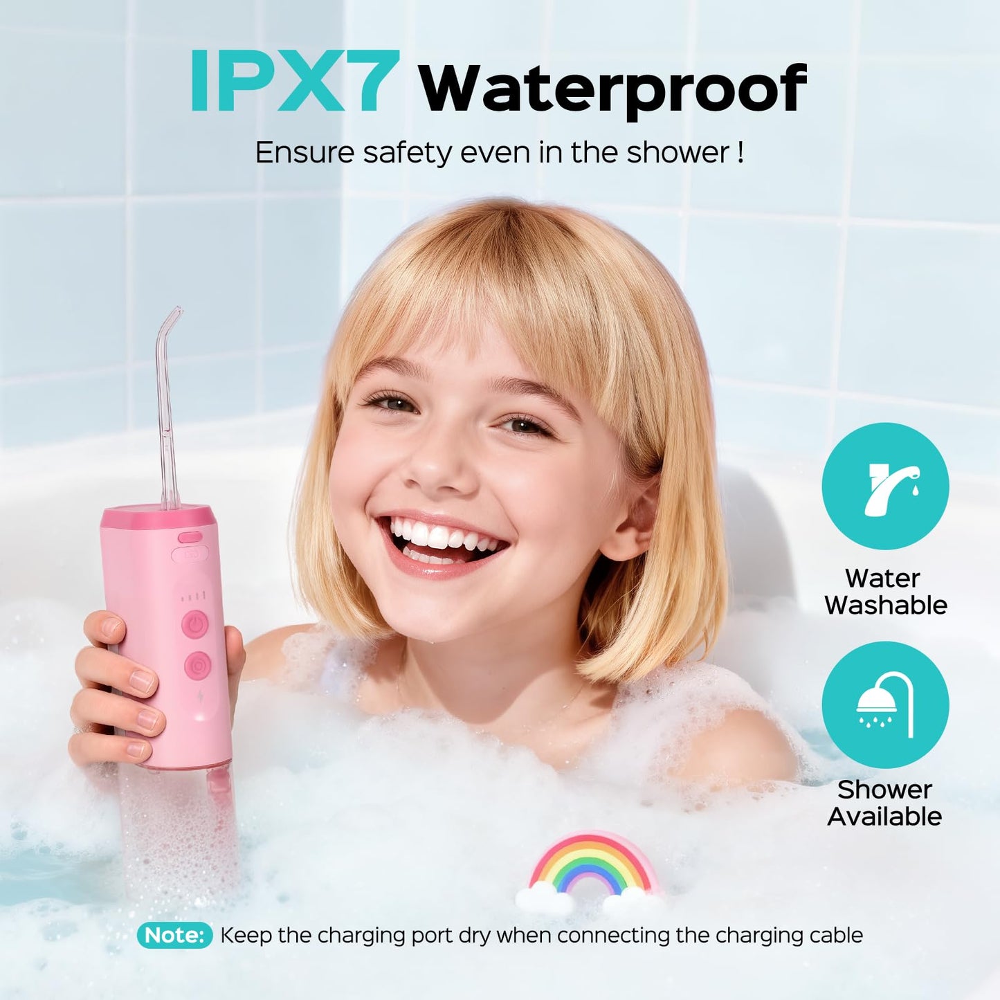 COSLUS T40 Portable Water Flosser for Kids: 4 Gentle Modes for Ages 6+, Braces & Sensitive Teeth - with Fun DIY Stickers, 4 Storable Nozzles, Mini Compact for Home School & Travel, BPA-Free, Pink
