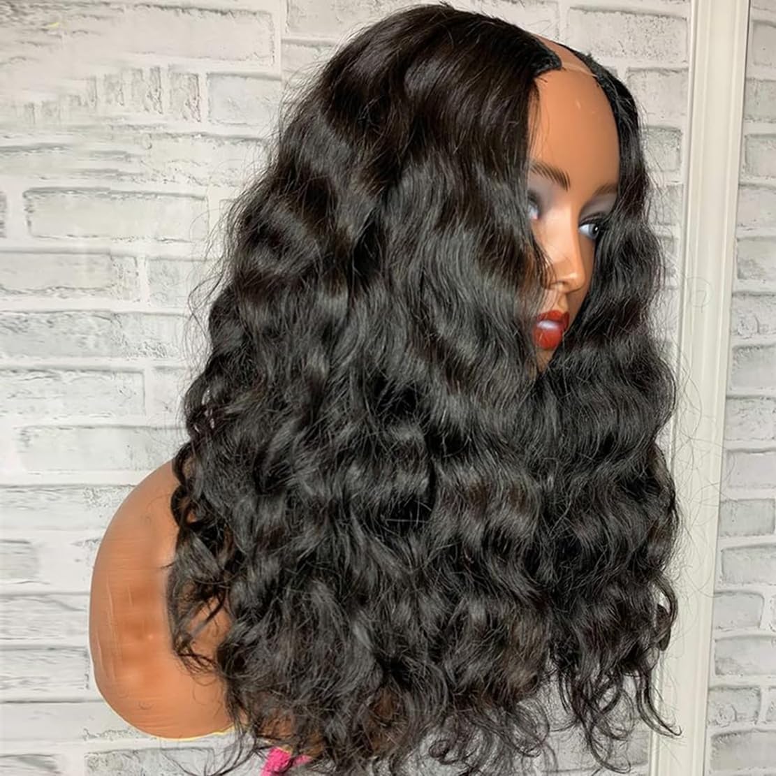 Curly V Part Wig Water Wave No Leave Out V Part Wigs Full Head Clip In Upgrade U Part Glueless Half Wigs for Black Women Premium Fiber & Remy Human Hair Blended (Black2.0, 18 Inch)