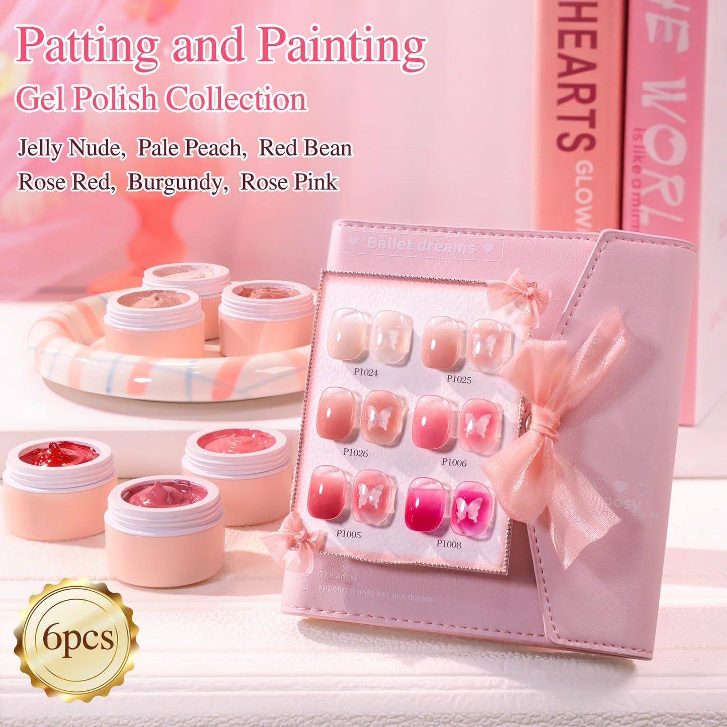 Double Rhythm Painting Gel Polish Set for Nail Art Palette Patting Gel Polish 6 Colors with 100 Pcs Sponges and Grabbing Pen (Neutral Nude Rose-T6-66)