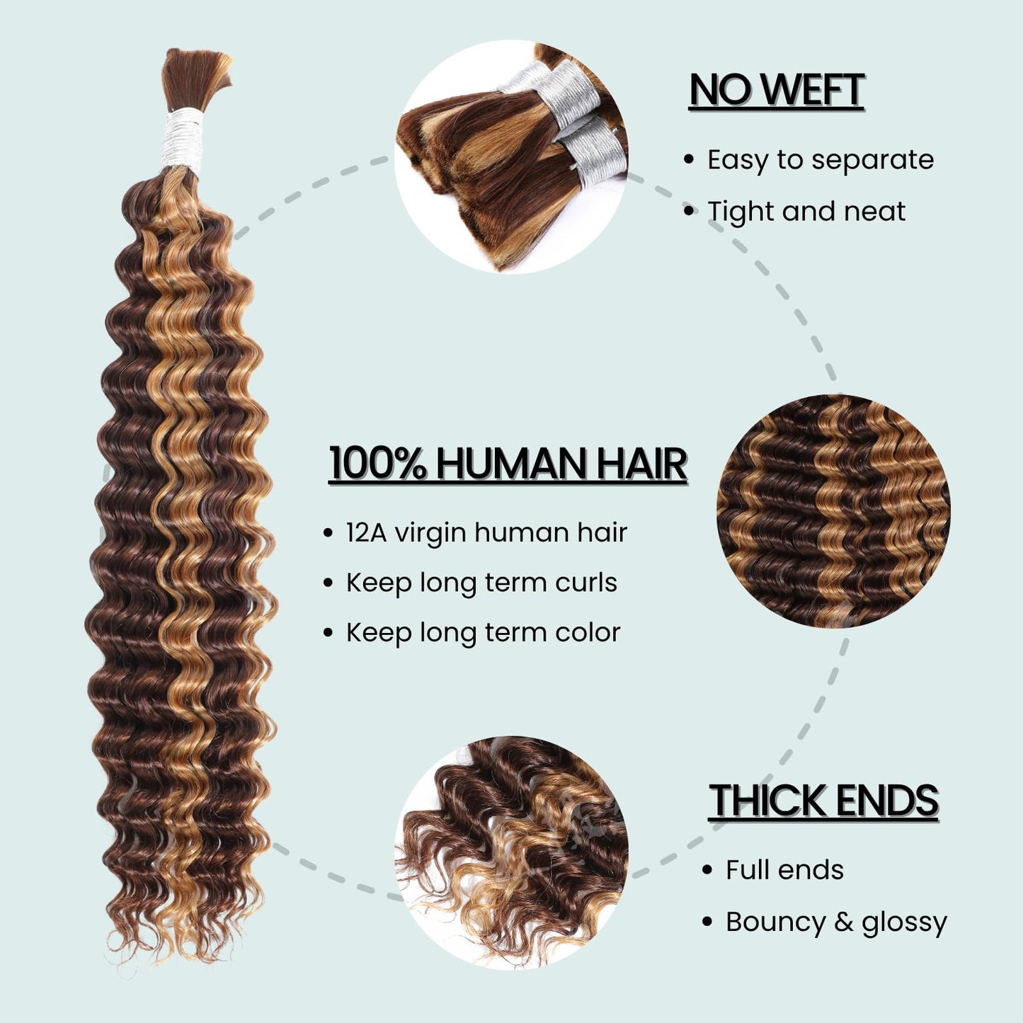 AUROO Braiding Hair P4/27 Honey Blonde Highlight Deep Wave Bulk Human Hair For Braiding 100g, 12A No Weft Virgin Ombre Brown Bundles Wet n Wavy Curly Micro Braiding Hair For Boho Knotless Braids 16 in