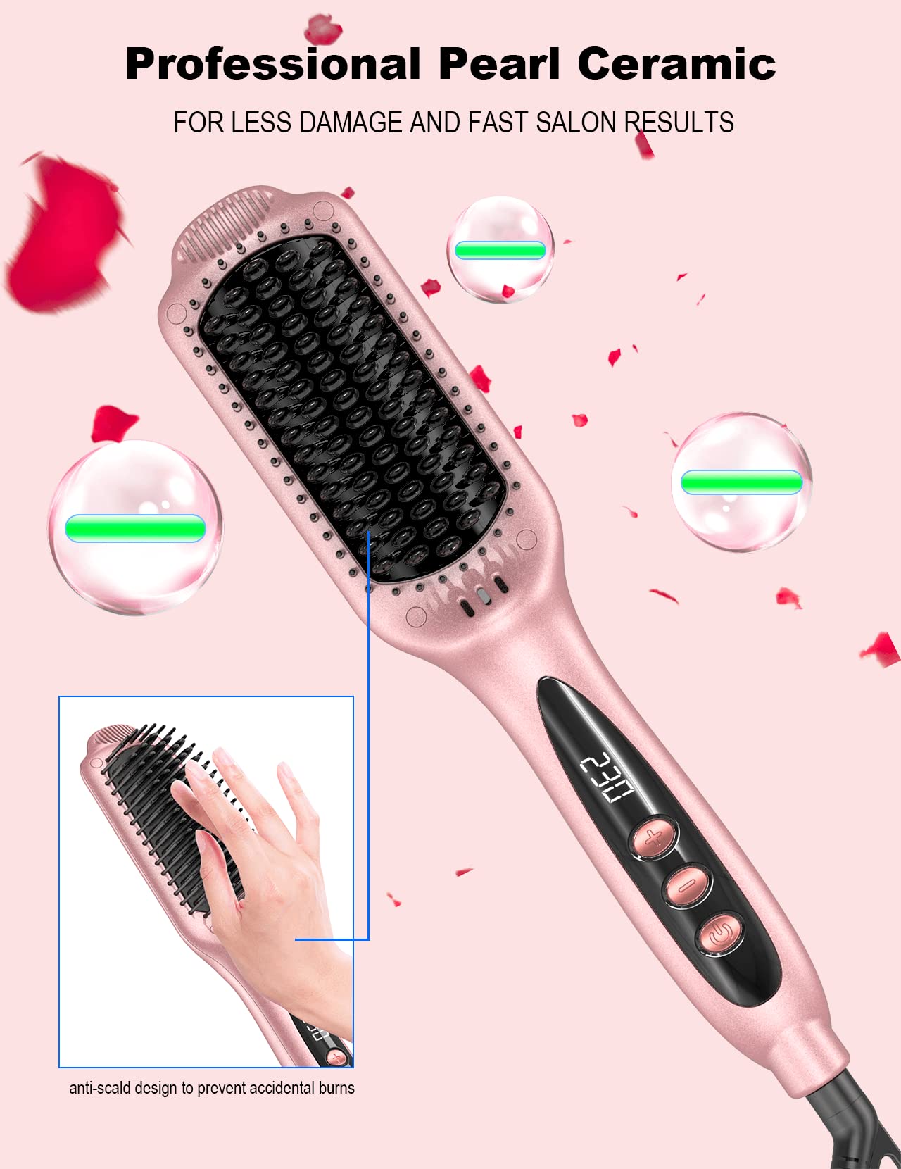 LANDOT Ionic Hair Straightener Brush – Ceramic Straightening Brush with 12 Heat Settings (250-450°F) for Smooth & Shiny Results, Ideal for Medium & Long Women Hair, Dual Voltage, Rose Gold