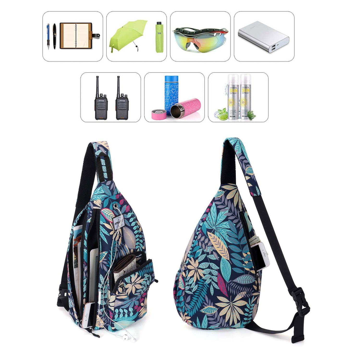 HAWEE Rope Sling Bag for Women Casual Cross Body Backpack Adjustable Anti-slip Strap/Bottle Pocket/Earphone Hole for Travel Hiking Sports, Blue Maple