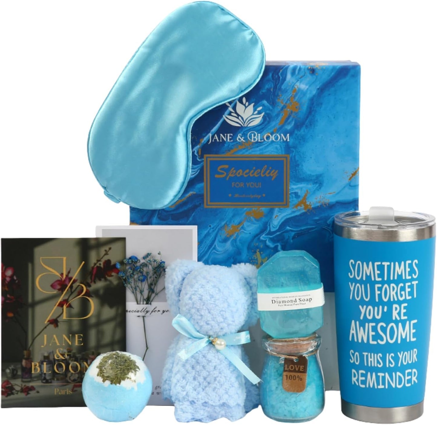 Spa Gift Box for Women - 7-Piece Self-Care Set with Bath Bombs, Diamond Soap & Gold Sleep Mask | Ocean Blue