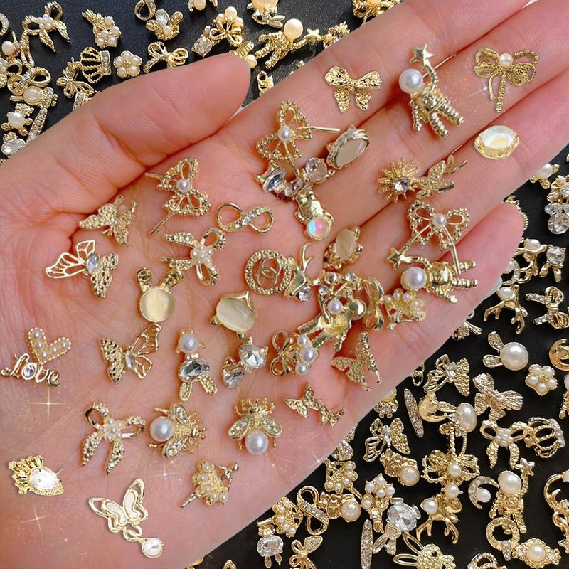 50pcs Gold 3D Alloy Flowers Bows Butterfly Star Crown Heart Charms for Nail Art Design - Mixed Gems Rhinestones Jewels Supplies