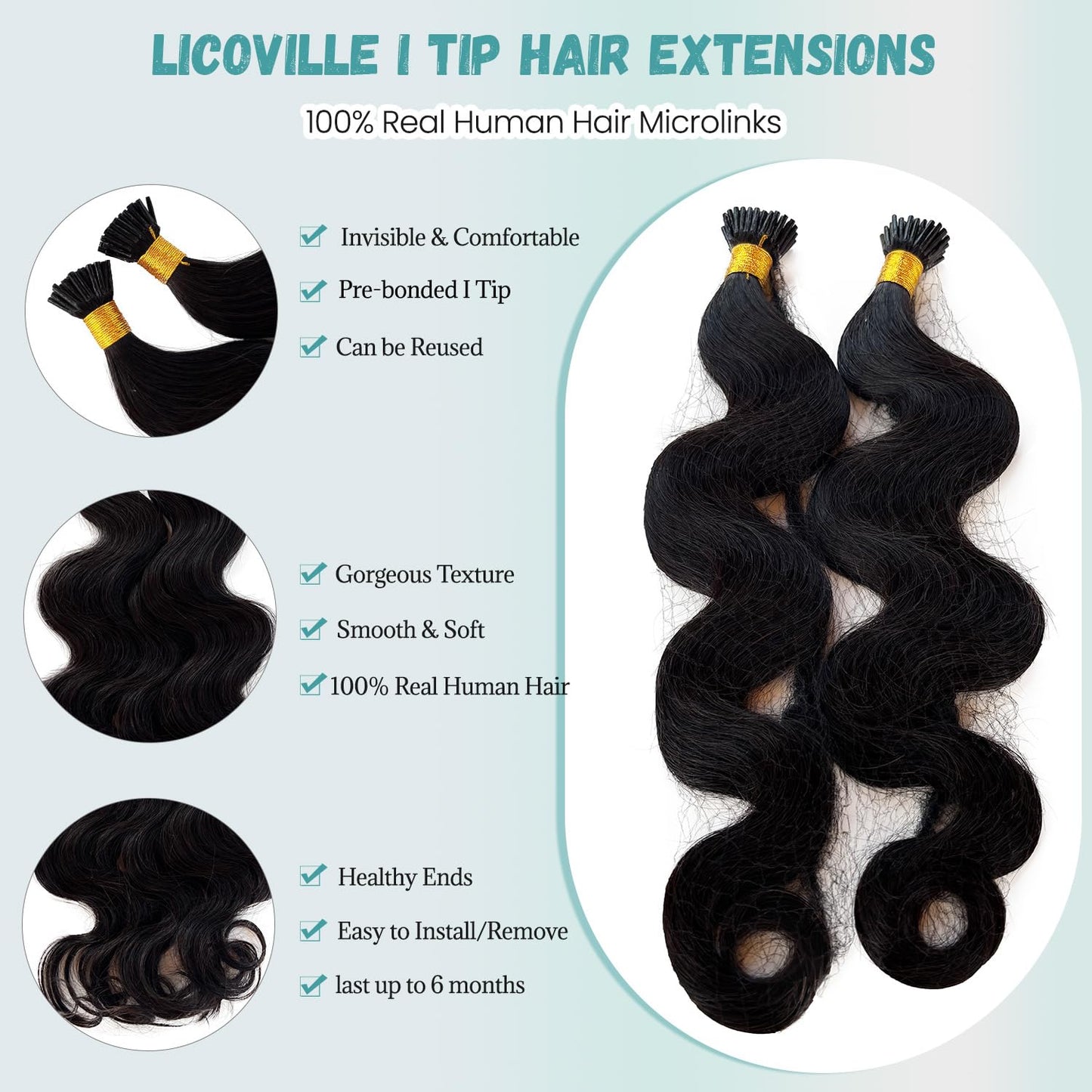 I Tip Hair Extensions Human Hair Body Wave I Tip Extensions Real Human Hair Natural Black Wavy Cold Fusion Remy Hair Keratin Tips for Black Women 20 Inch 50 Strands 50Grams