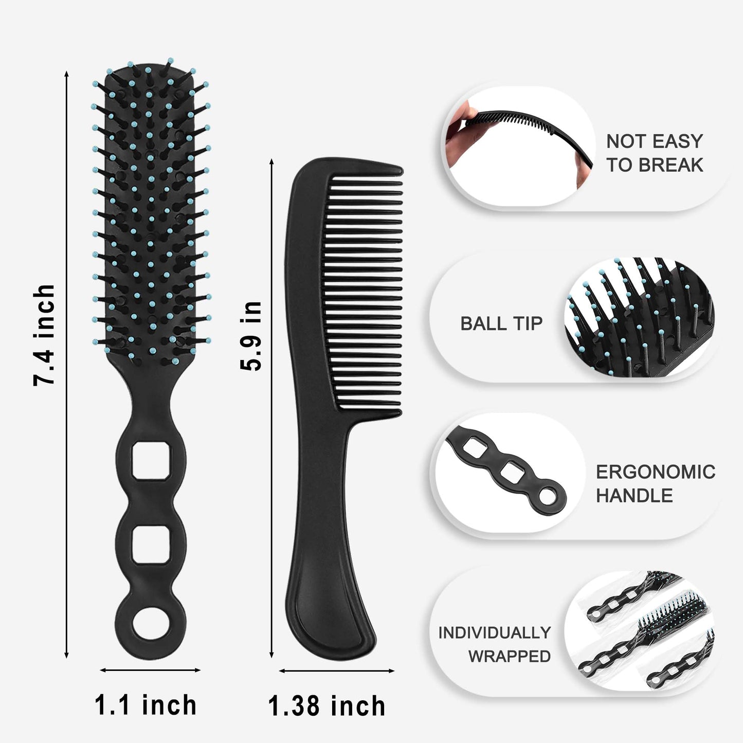Gisdo 50 Pcs Hair Brush Combs Set in Bulk for Homeless Individually Wrapped Curly Thick Long Smoothing Hair Brush Detangling Hairbrush for Women Kids Hotel Homeless Nursing Charity (Black)