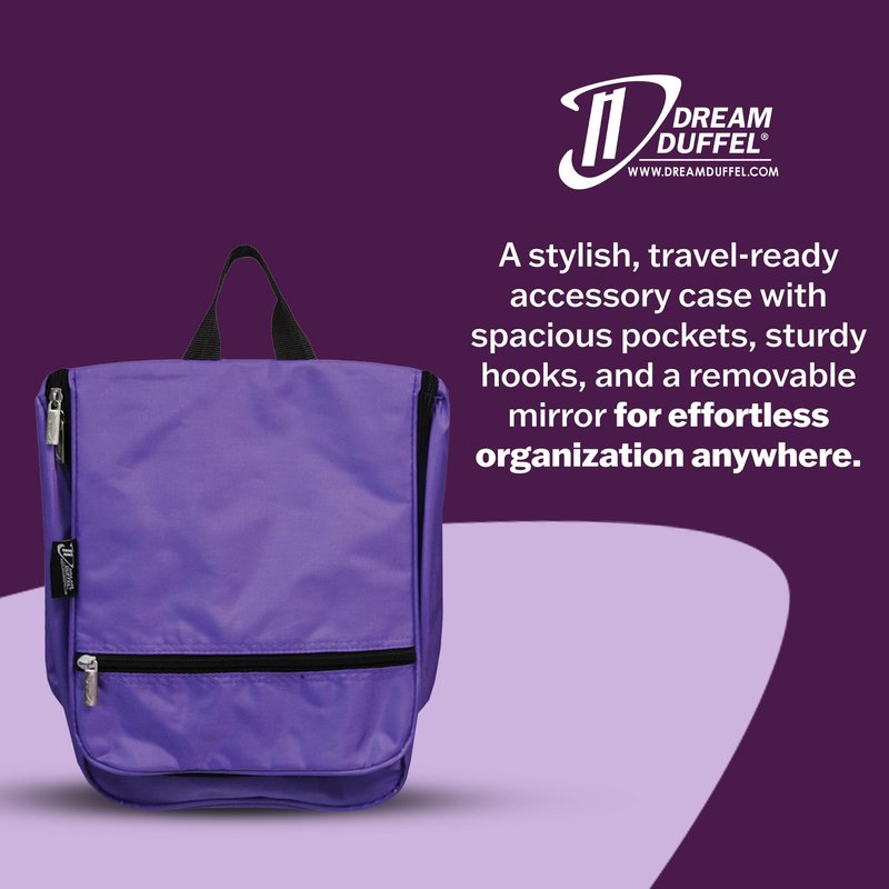 Dream Duffel Hanging Cosmetic Case for Women & Kids, Travel Toiletry Bag with Pockets & Mirror, Holds Dance Competition Essentials, 9”x10”, Purple