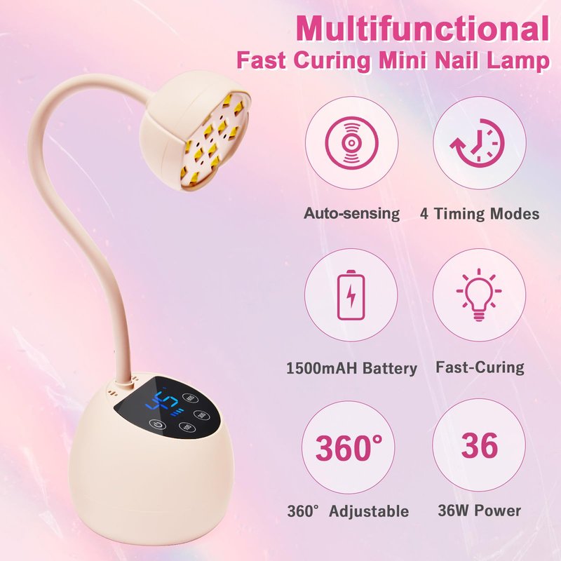 CGBE UV LED Nail Lamp, 36W Mini Cordless Flash Cure Lamp, USB Rechargeable Goosenecks LED Nail Light with 4 Timers & Auto Sensor for Salon Home DIY Use, White Diamond