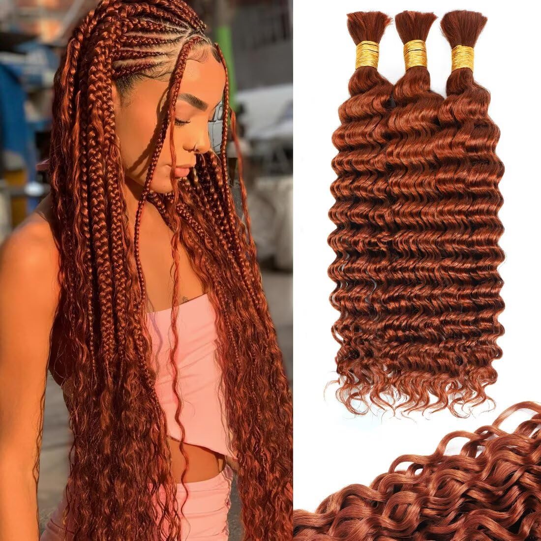 12A #350 Copper Ginger Human Braiding Hair for Boho Braids 3 Bundles 14 Inch 100g Deep Wave Braiding Hair for Bohemian Knotless Braids 100% Unprocessed Virgin Bulk Hair Extensions No Weft