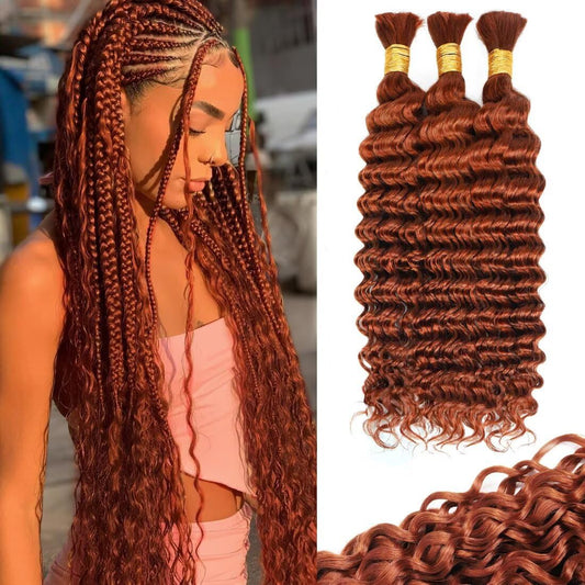12A #350 Copper Ginger Human Braiding Hair for Boho Braids 3 Bundles 14 Inch 100g Deep Wave Braiding Hair for Bohemian Knotless Braids 100% Unprocessed Virgin Bulk Hair Extensions No Weft