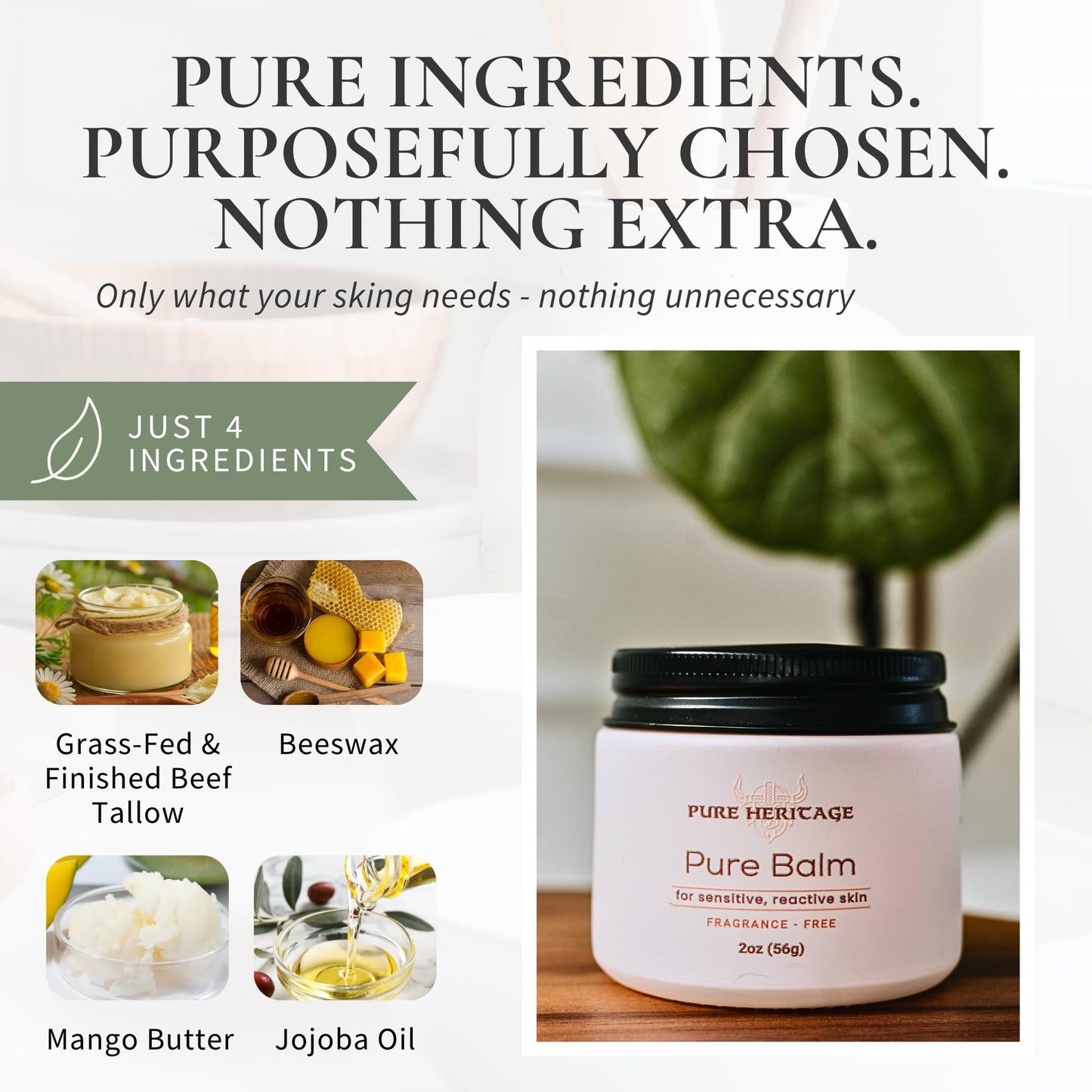 Pure Tallow Balm – Grass-Fed Skin Moisturizer for Sensitive, Dry & Reactive Skin | Natural Nourishing Balm for Face, Hand & Body | Family-Safe, Natural Ingredients | 2oz