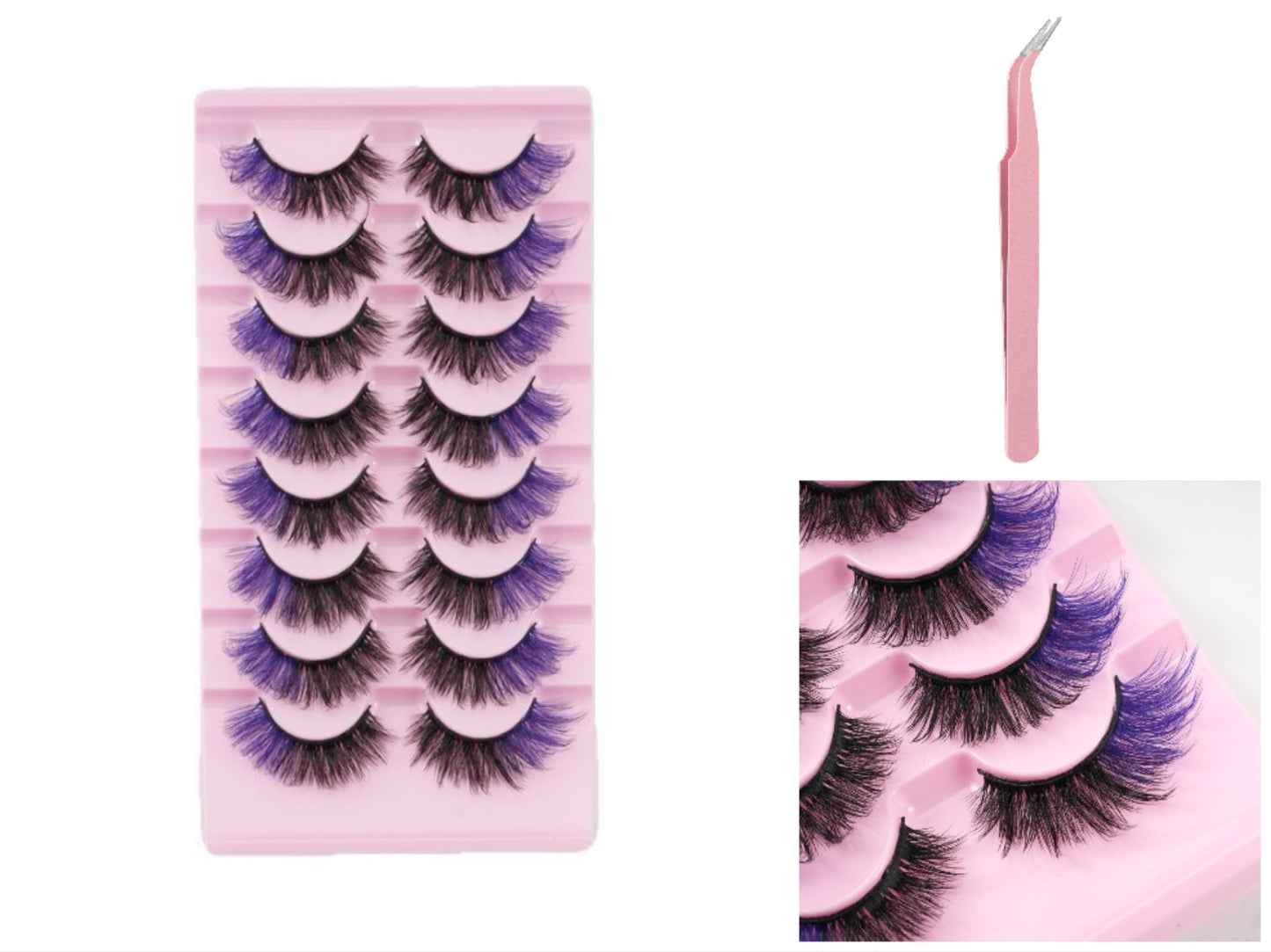 Chunmeng False Eyelashes Reusable Natural Look Easy Daily Use Voluminous Lashes for Party Perfect for Makeup Hypoallergenic +Pink tweezers (Purple+Black)