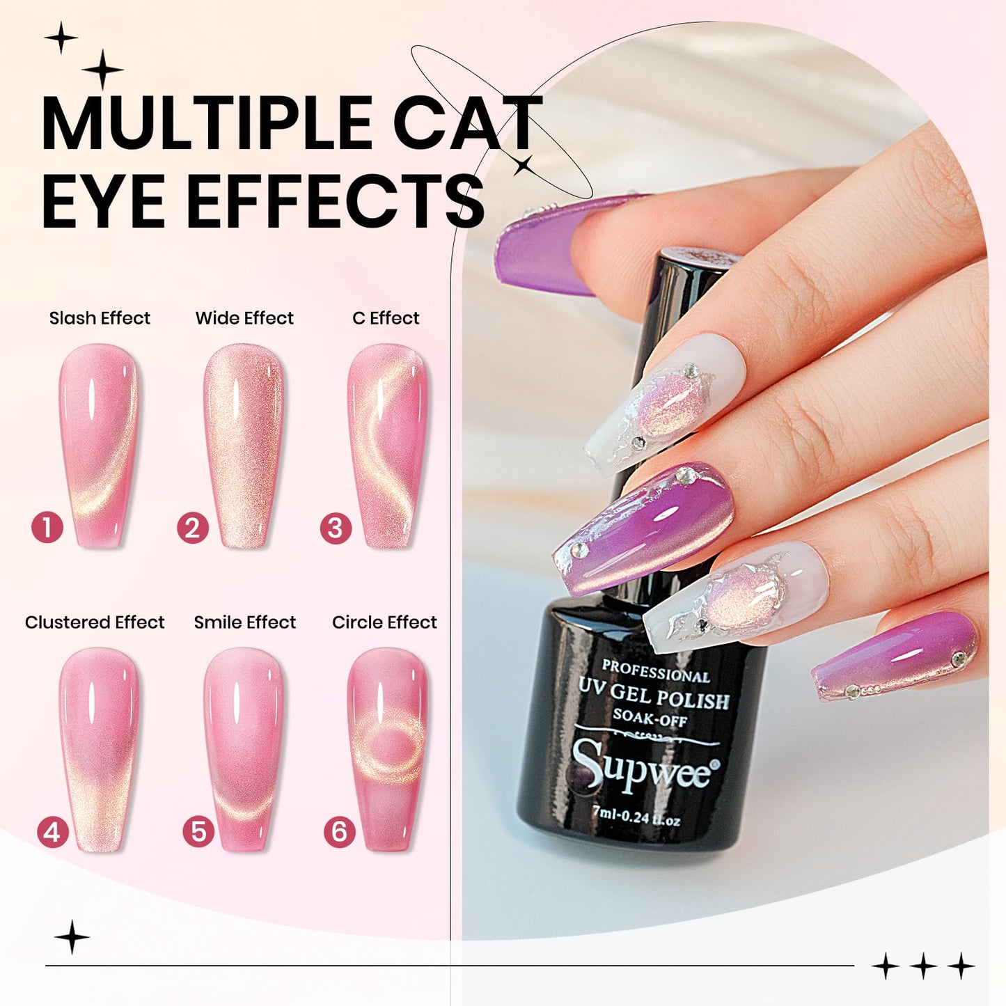 SUPWEE Cat Eye Gel Nail Polish Set,12 Colors Gold Glitter Holographic CatEye Gel Polish with Magnetic Stick,Sliver Brown Pink Red Cat Eye Soak Off UV DIY Home Salon Manicure