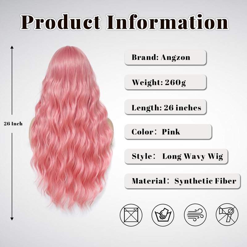 Angzon Light Pink Wig 26 Inch Long Wavy Wig for Women - Heat Resistant Synthetic Hair Middle Part Curly Wig Natural Look for Daily Party Cosplay Costume Use