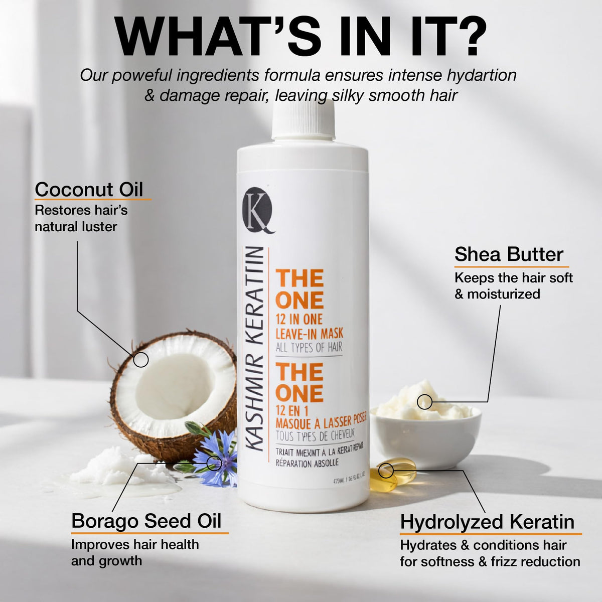 Kashmir Keratin THE ONE Leave In Conditioner 12-in-1 Hair Treatment Spray (16 Fl Oz) Detangles, Smooths Frizz, Adds Shine & Hydration for Dry Damaged Hair, Lightweight Keratin Care for All Hair Types