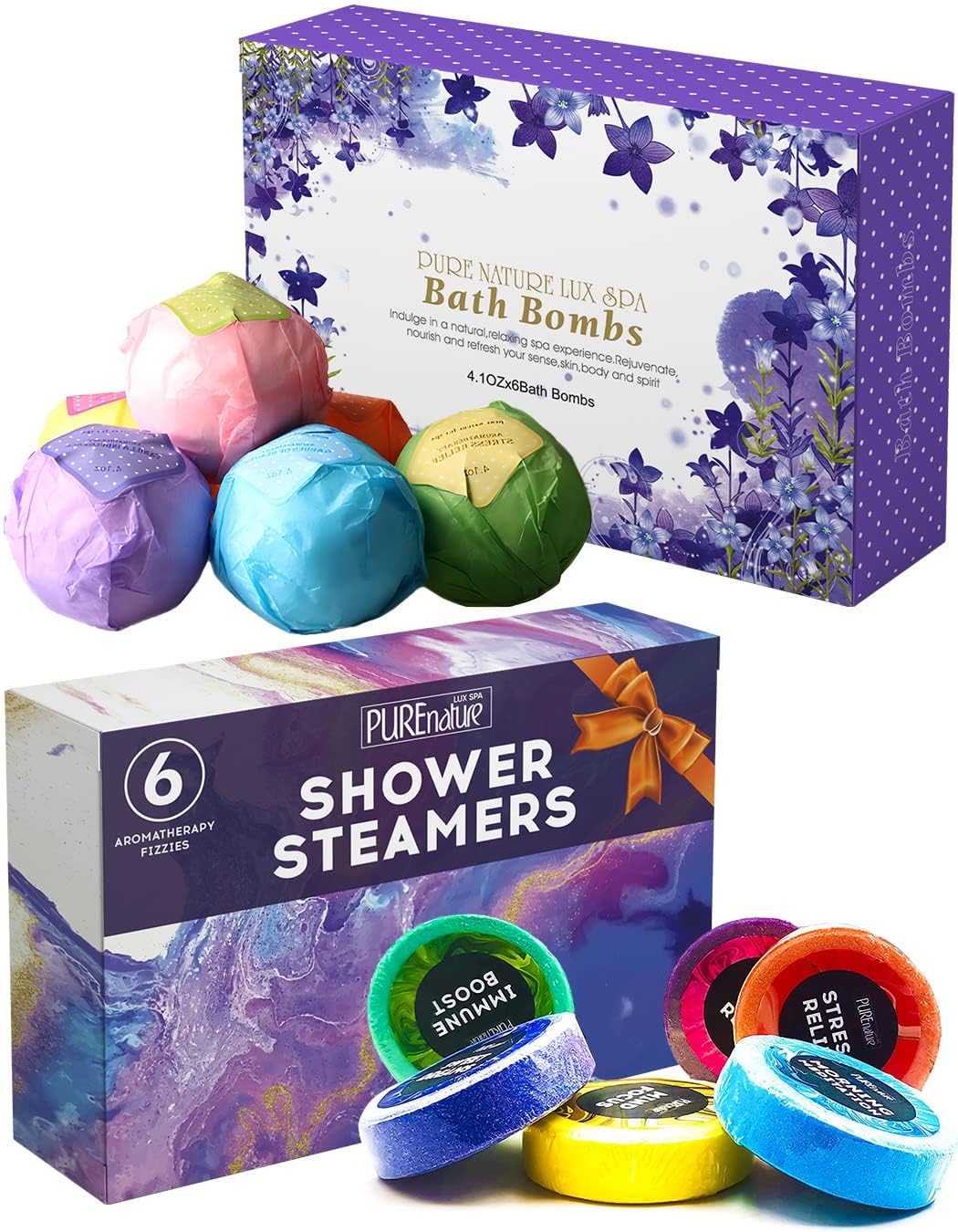 Pure Nature Bath Bombs Gift, Set 6, and Aromatherapy Shower Steamers, Set 6