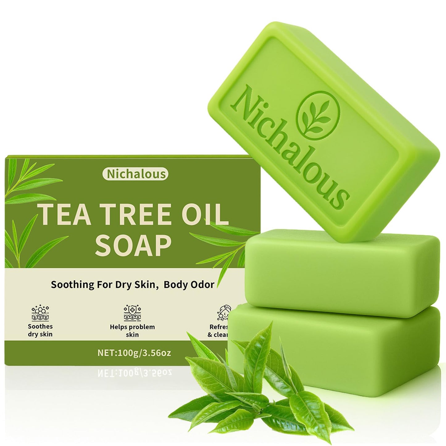 3PCS Veloma Tea Tree Soap, Purifying Body Soap Bar with Tea Tree Oil & Coconut Oil, Gentle Cleanser for Healthy, Looking Skin, Plant-Based Formula for Face & Body