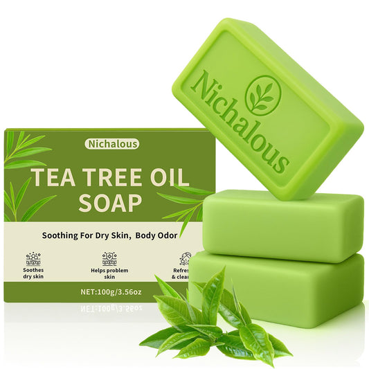 3PCS Veloma Tea Tree Soap, Purifying Body Soap Bar with Tea Tree Oil & Coconut Oil, Gentle Cleanser for Healthy, Looking Skin, Plant-Based Formula for Face & Body
