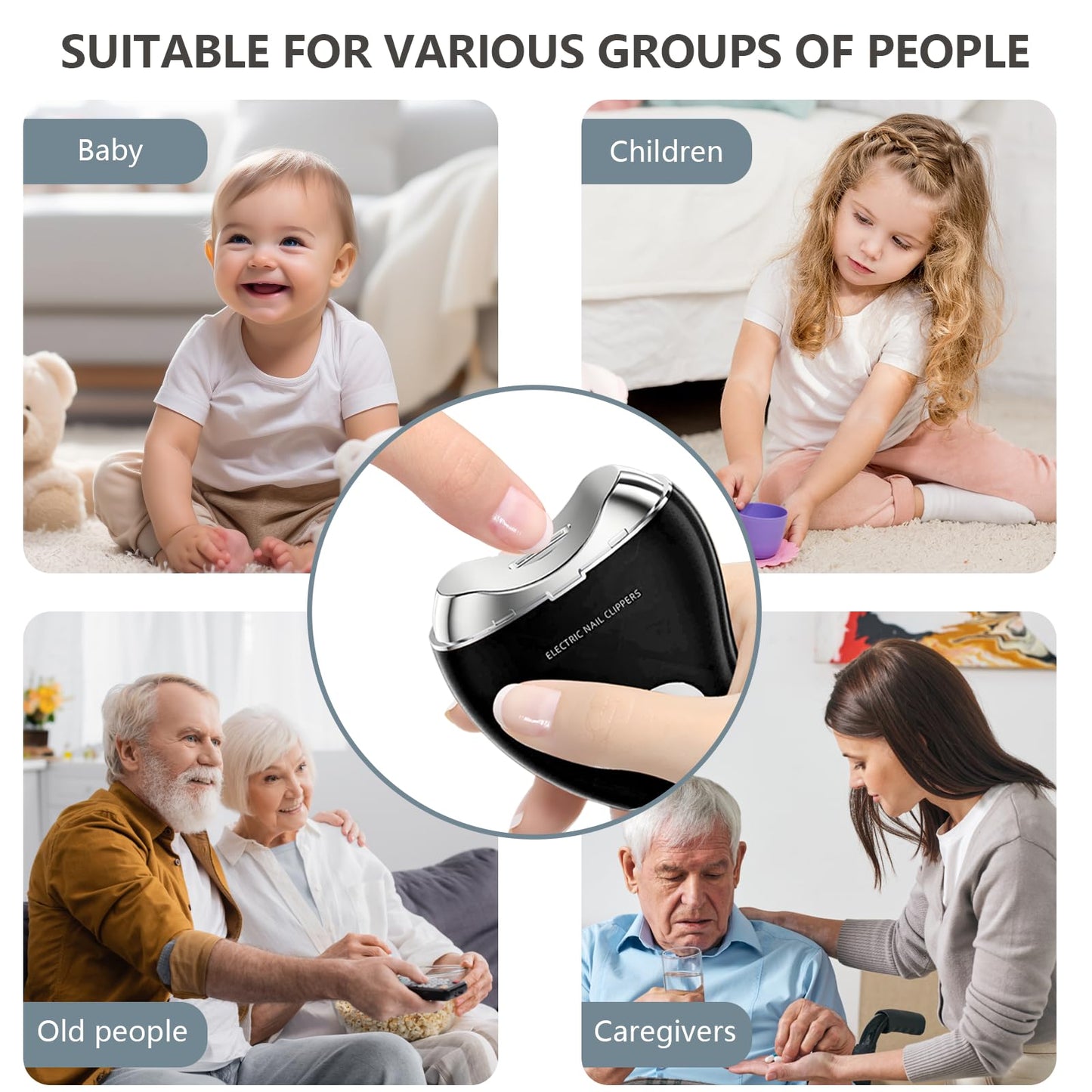 Type-C Rechargeable Electric Nail Clipper with LED Light, 3 Speeds - Safe, Automatic Trimming for Babies, Seniors (Black)