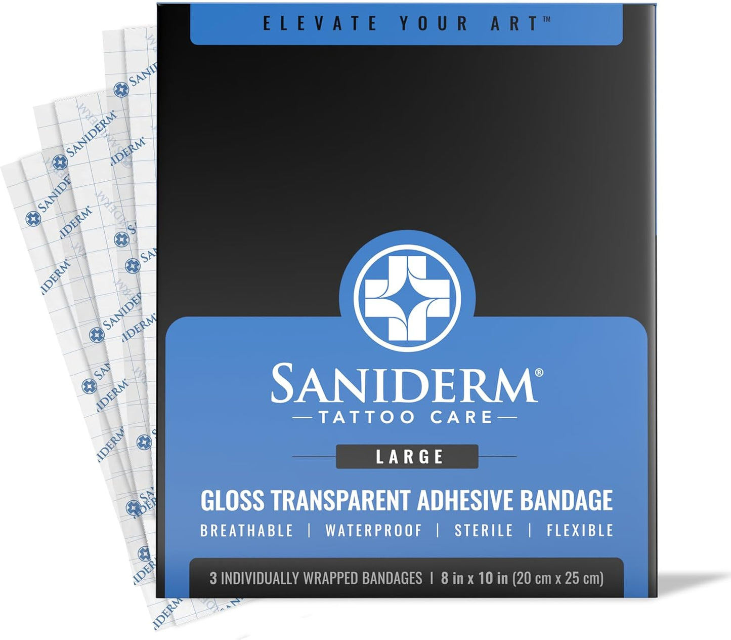Saniderm Tattoo Aftercare Bandage - Sterile, Waterproof Protection | Large Pack (8 in x 10 in) for Faster Healing