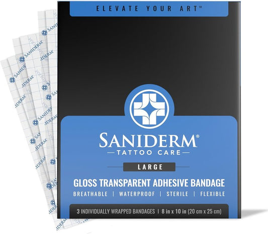 Saniderm Tattoo Aftercare Bandage - Sterile, Waterproof Protection | Large Pack (8 in x 10 in) for Faster Healing