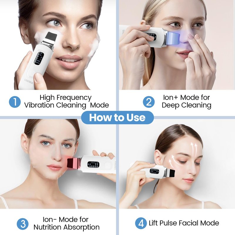 UNIWA Skin Scrubber Face Spatula, Ultrasonic Skin Scrubber Skin Spatula Pore Cleaner Blackhead Remover Tool for Facial Deep Cleansing-4 Modes, with LCD Display, IPX6 Waterproof - White