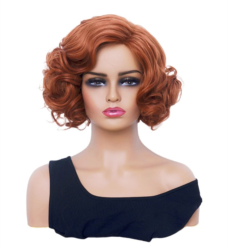 Gerulyss Short Copper Red Wavy Wigs for Women Auburn Curly Natural Synthetic Wig Ginger Middle Part Full Wig for Role Play,Halloween,Daily Use
