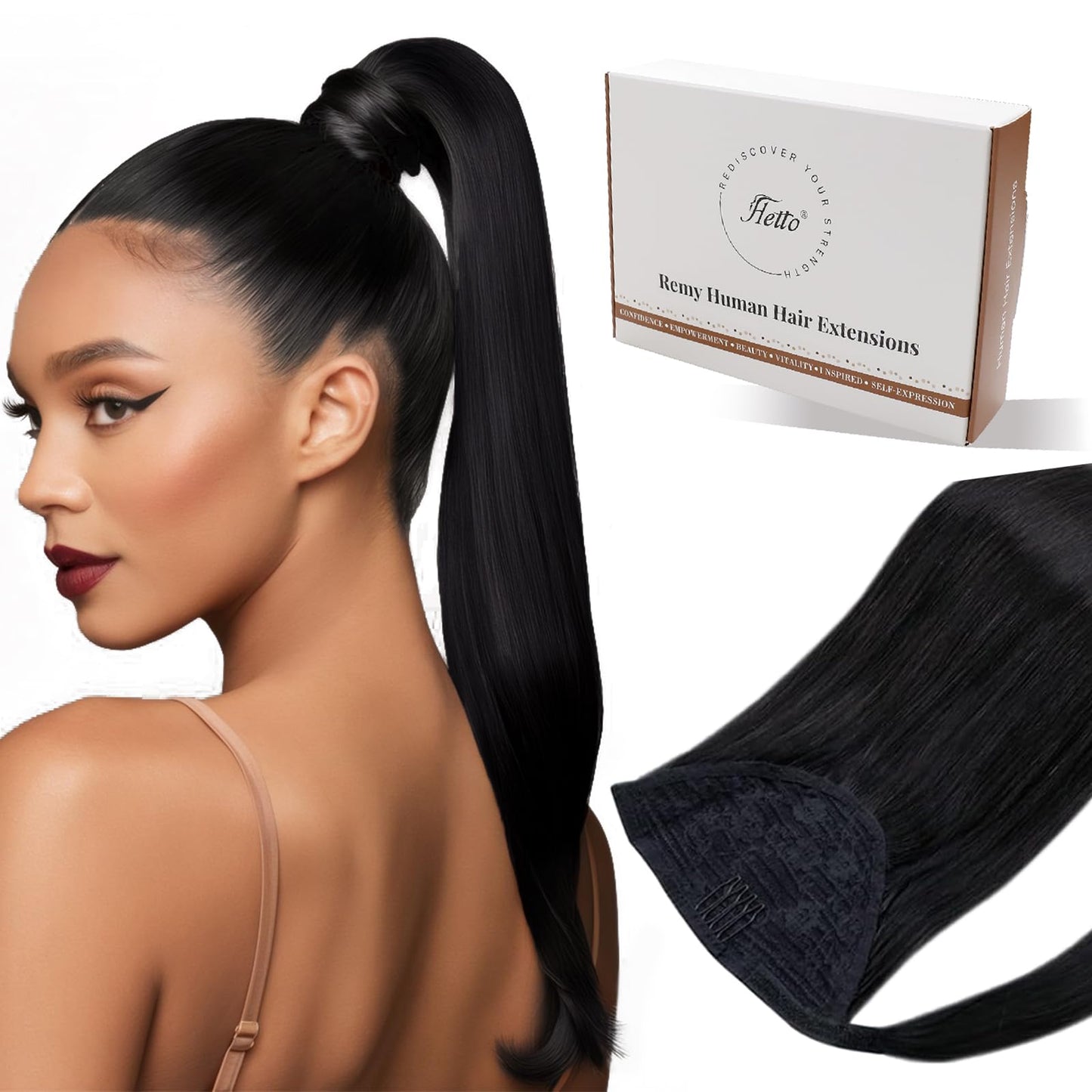 Hetto Ponytail Extension Human Hair Black 12Inch 70g