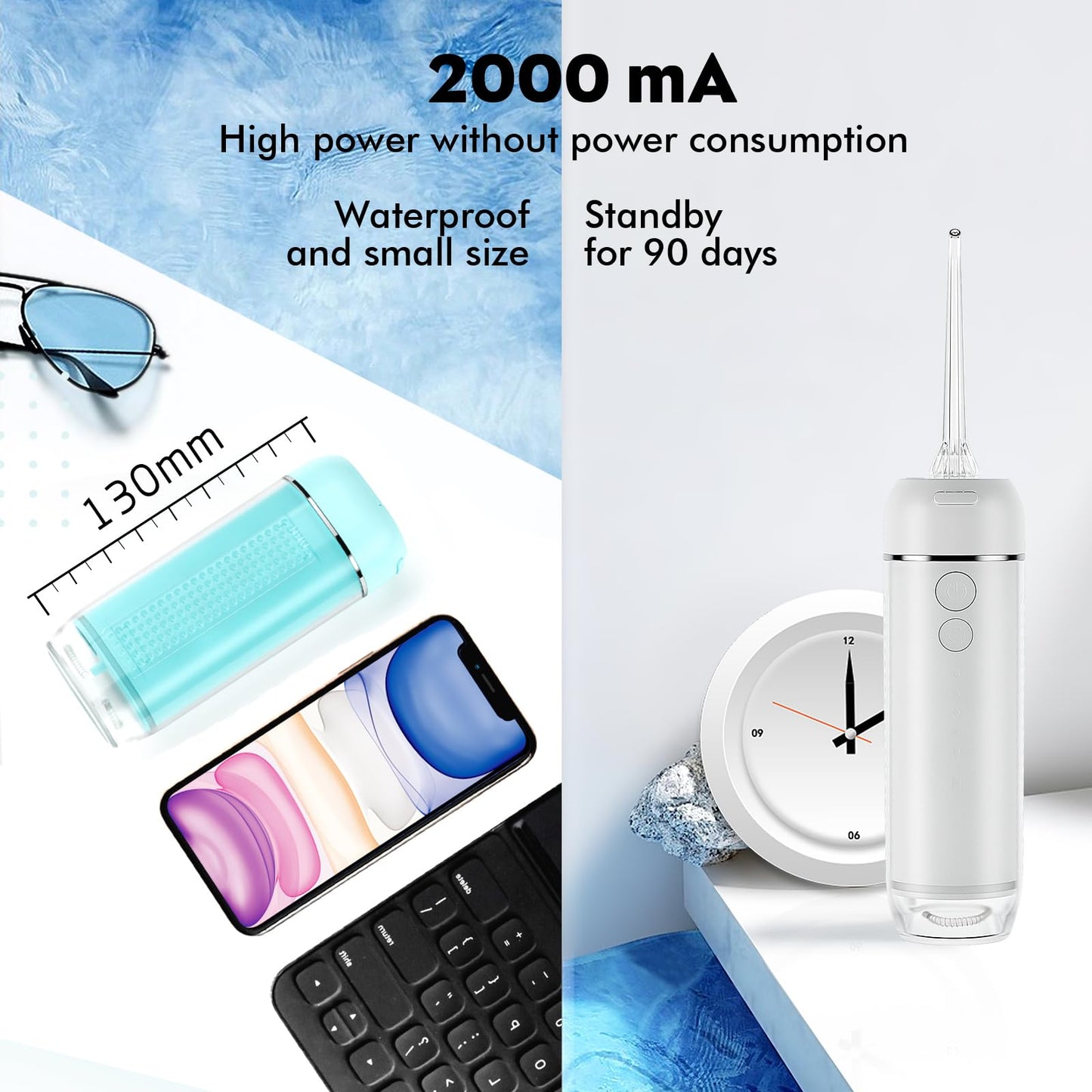 Powerful Portable Cordless Water Dental Flosser: Rechargeable [2000 mAh Li-ion] Mini Oral Irrigator Travel & Home Machine Cleaner Large Vol Telescopic Tank 5 Modes IPX7 Waterproof Electric Teeth Pick