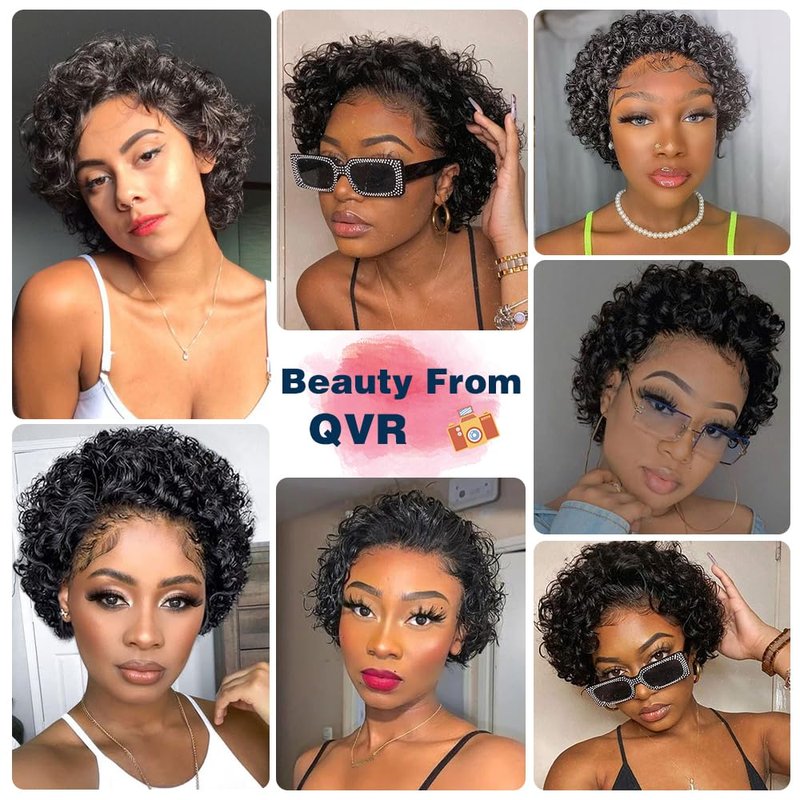 QUEEN VIRGIN REMY QVR Pixie Cut Wig Curly Lace Front Wigs 13x1 short curly lace front wigs human hair HD Lace Pixie Human Hair Wigs for Black Women Glueless Wigs (Natural Black)