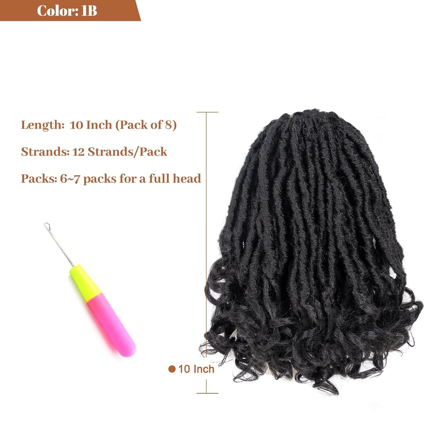 French Curl Locs Crochet Hair - 10 Inch Natural Black Faux Locs with Curly Ends | 8 Packs Pre-Looped Braiding Hair Extensions
