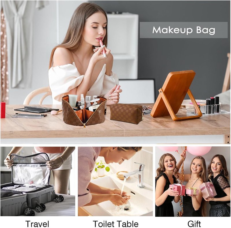 Checkered Travel Makeup Bags | Large Capacity Waterproof Cosmetic Organizer Set - PU Leather with Handle & Divider (Brown)