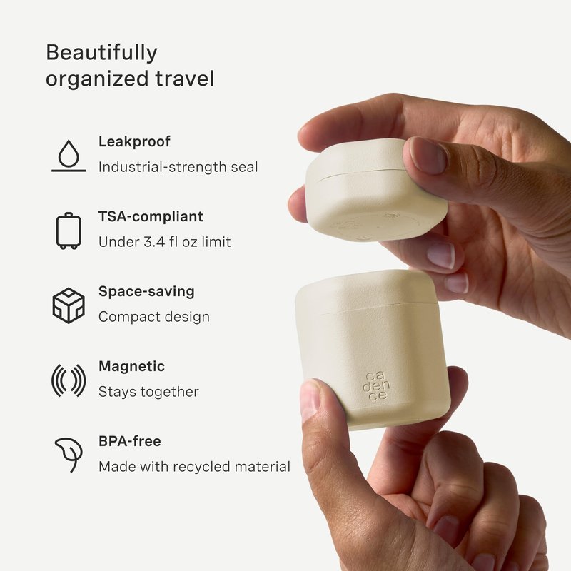 Cadence Travel Containers - 2pk (1 Small, 0.56oz + 1 Medium, 1.32oz), Sand - TSA Approved, Leak Proof, Magnetic Basic Body Care Capsules - Carry On Travel Essentials - Body Wash & Lotion Labels