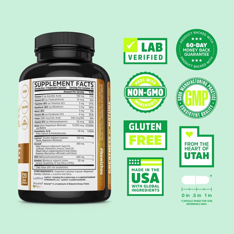 Zhou Hairfluence - Vegan Biotin Supplement for Hair Growth for Men & Women, Supports Stronger, Healthier Hair, Nails, & Glowing Skin with Lustriva & B Vitamin Complex - 120 Veggie Capsules (Pack of 1)