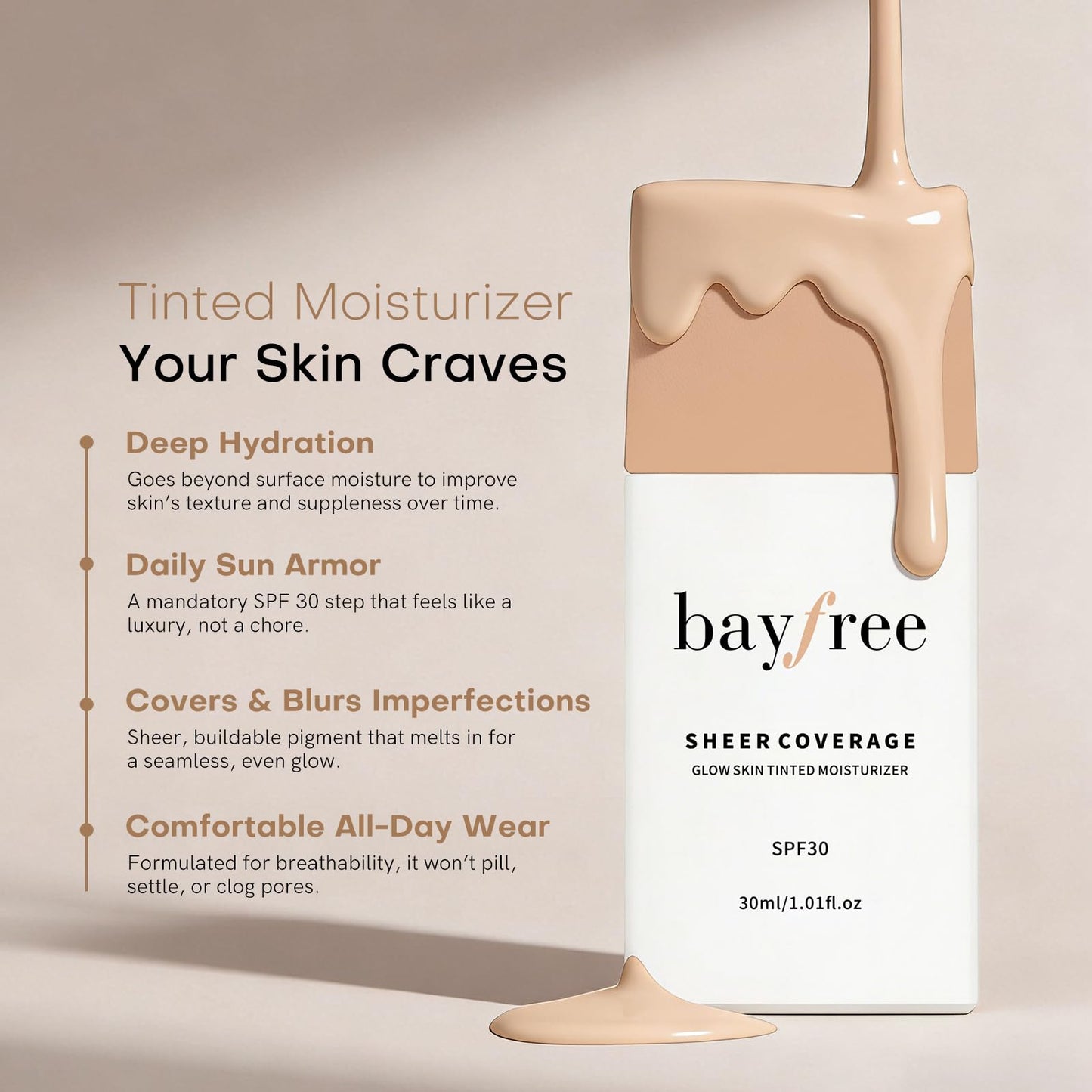 bayfree Glow Skin Tinted Moisturizer with SPF 30, Lightweight Sheer Coverage Skin Tint, Long Lasting Hydrating & Weightless, Makeup and Skincare Benefits, Buildable Natural Finish, Vegan Korean Makeup