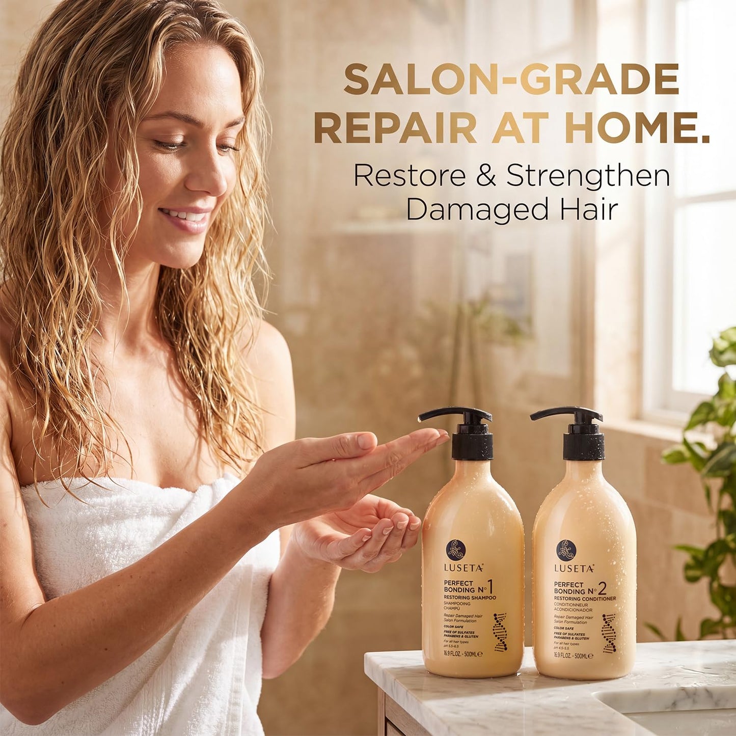 LUSETA Bond Repair & Revitalizing Shampoo and Conditioner Set for Chemically Damaged Hair. Deep Moisture to Smooth Frizz & Add Shine. Strengthens Hair Structure with Rosemary & Marula Oils, 2x16.9 oz