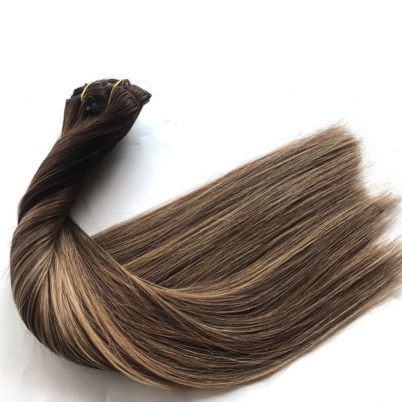 Clip In Human Hair Extensions - 18" Double Weft Brazilian Hair, 8Pcs 140g Set | Highlighted #4 Medium Brown & #24 Auburn