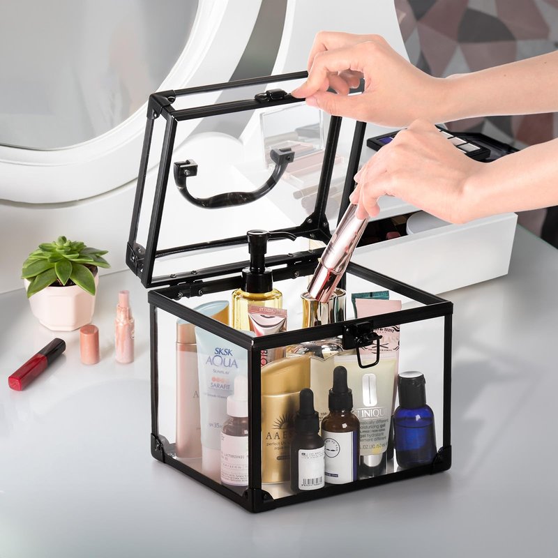 Okllen Crown Box, Clear Cosmetic Case, Acrylic Artists Display Case, Toiletry Train Case with Latches & Handle