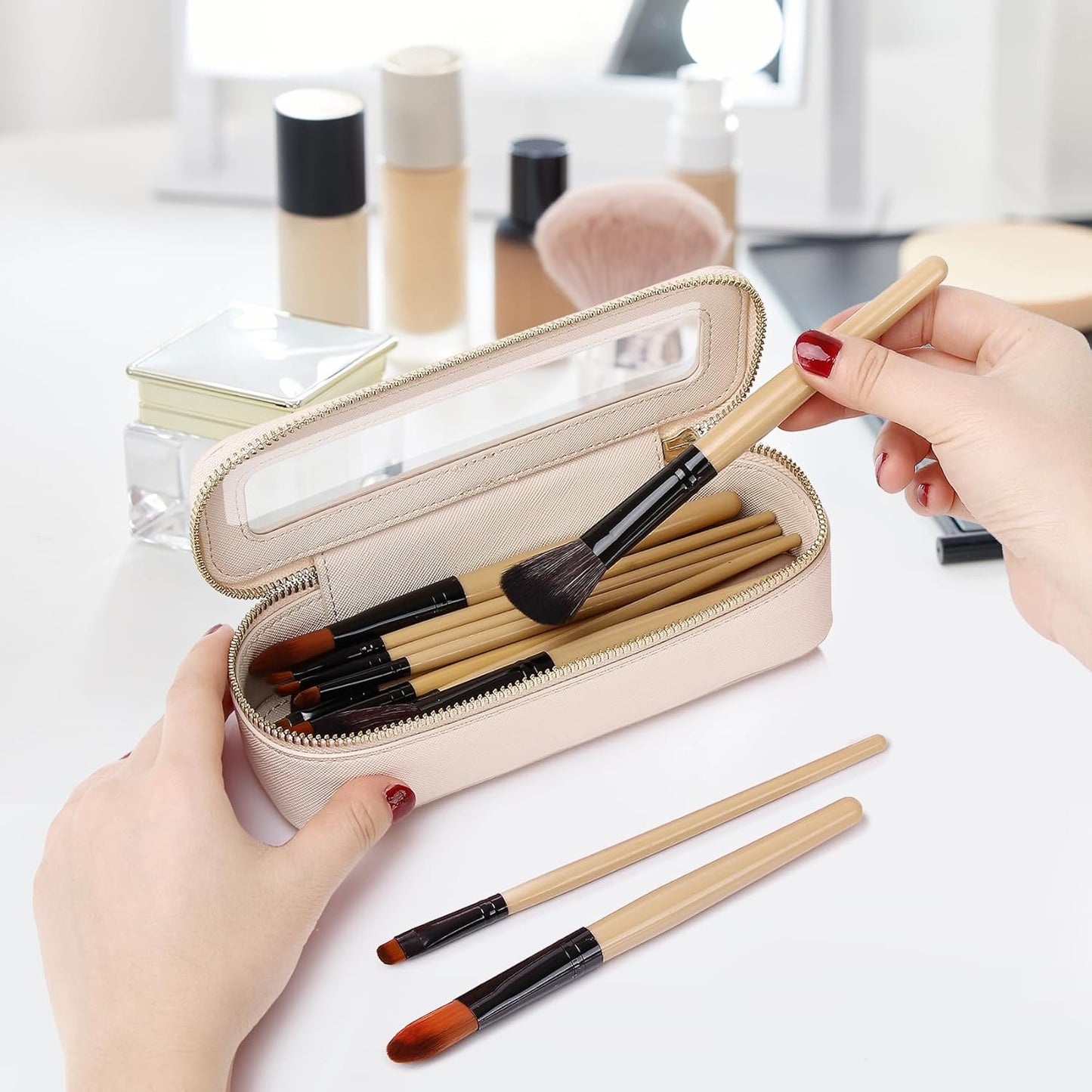 Travel Makeup Set - Waterproof Transparent Cosmetic Bag & Toiletry Organizer | Makeup Brush Case for Women (Beige, L+M+Slim)