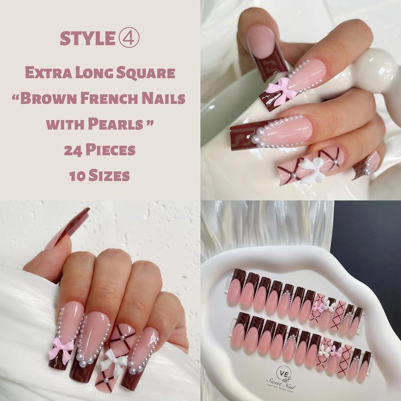 Extra Long Square Press-On Nails - 4 Box Set with 3D Designs | Stylish False Nail Tips for Women | Perfect Gift Idea