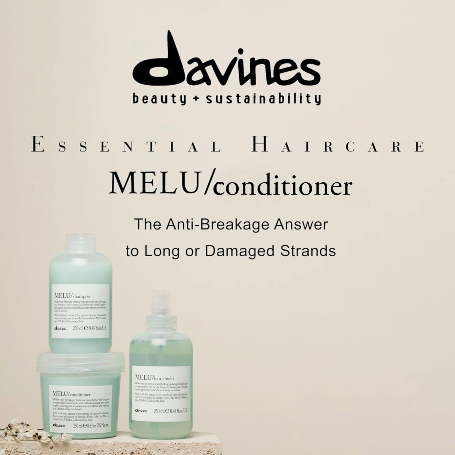 Davines MELU Conditioner, Nourishing Light Anti-Breakage Emollient Formula for Long or Damaged Hair - Smooths and Softens Split Ends Weightless, Fortifies Strands with Lentil Seeds, 8.45 Fl Oz