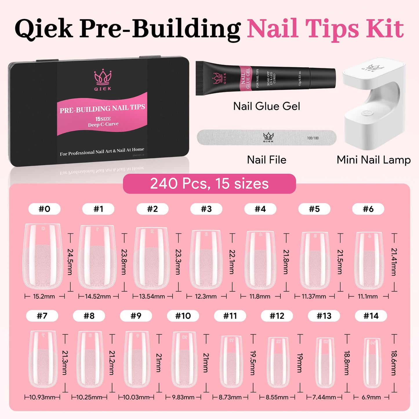 Qiek Medium Almond Pre-Building Nail Tips Kit, 15 Sizes 240 PCS Pre-shaped Apex Pink Thick Extensions Tip Soft Half Matte Press On Fake Nails Glue Gel Nail Lamp for DIY Beginners & Salon Manicure