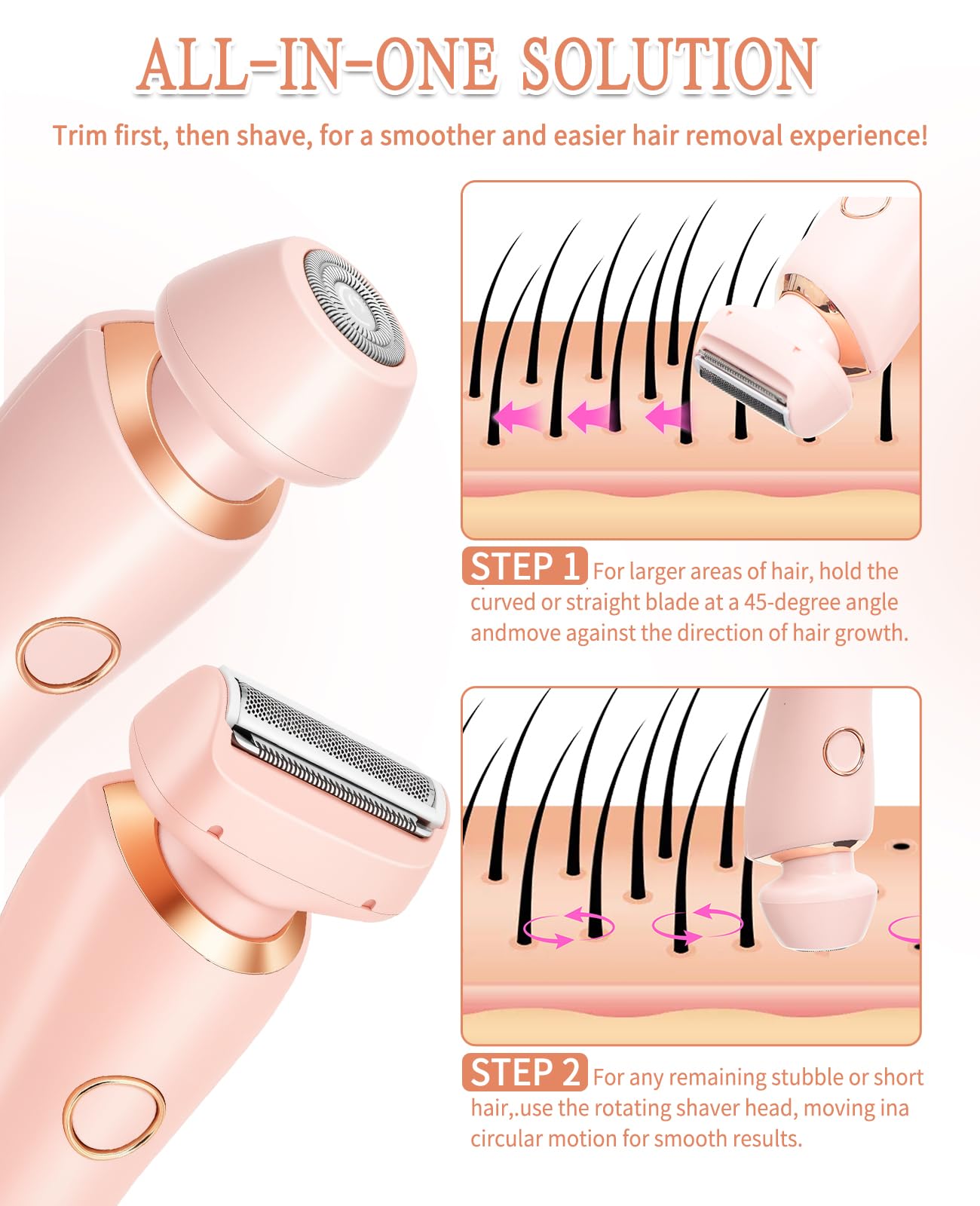 Bikini Trimmer for Women – Dual Head, IPX7 Waterproof & Painless Electric Razor for Pubic Hair, Face, Legs, Underarms – Portable Cordless Shaver with Fast Charging, Self Care Gift (Pink)
