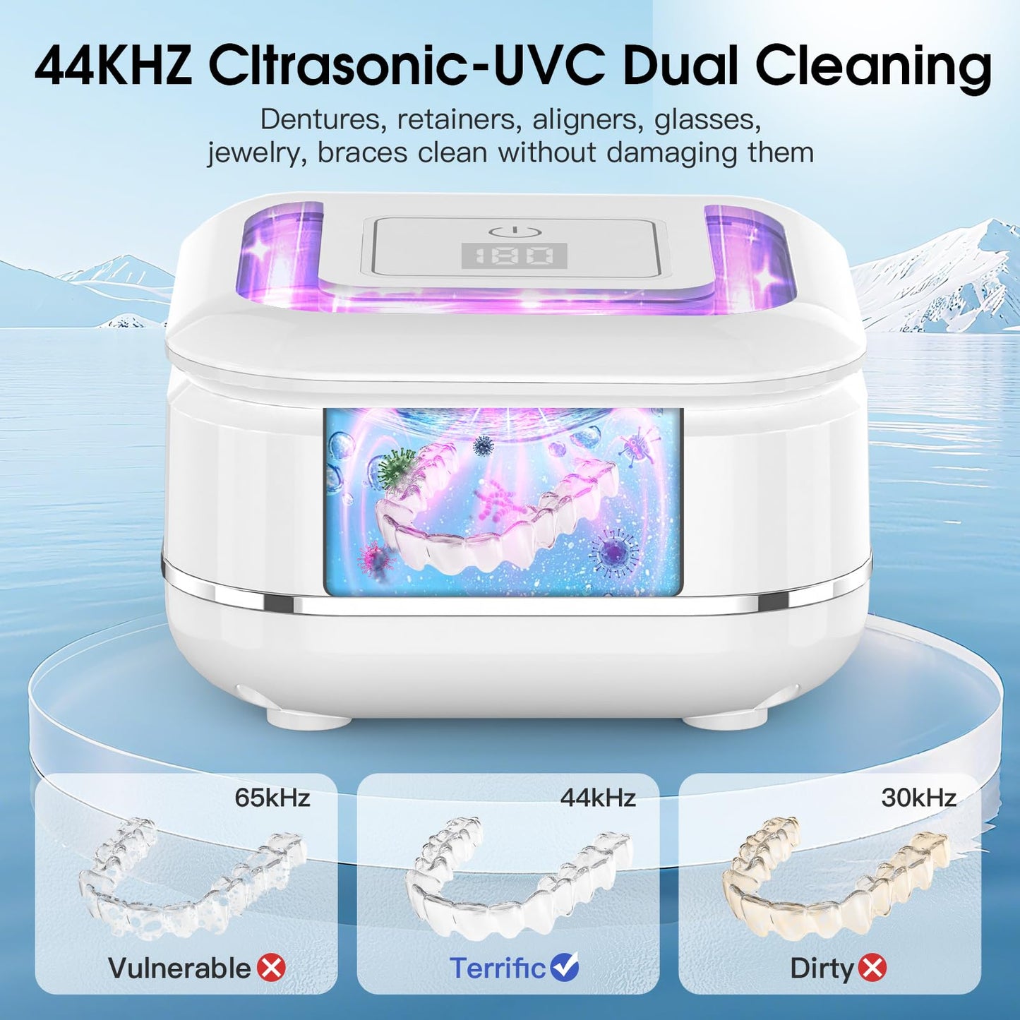 HAUSBELL Dental Pod: Ultrasonic Retainer Cleaner, Denture Cleaner Machine with 8 Cleaner Tablets, Aligner Cleaner, Nightguard Cleaner, Mouthguard Cleaner, Ultrasonic Cleaner with Noise-Reduction Lid