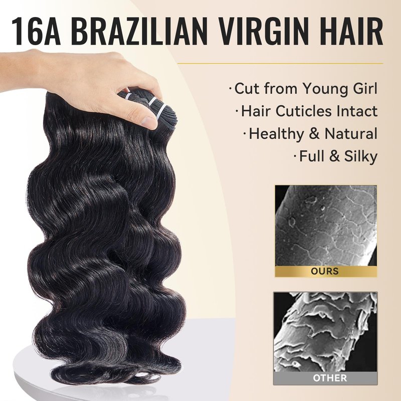 WEQUEEN Bundles Human Hair Body Wave 16A Brazilian Virgin Hair Bundles, Silky and Soft, 16 Inch Thick Weave Natural Black