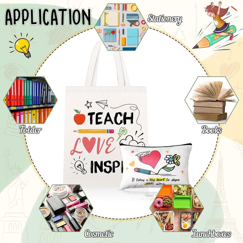 Teacher Appreciation Gift - 12 Pcs Canvas Tote & Makeup Bag Set | Perfect Thank You Gift for Women