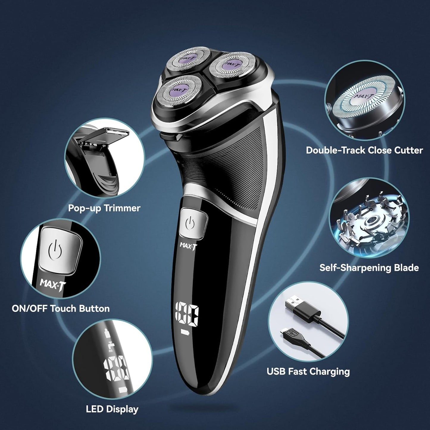 Men's Electric Shaver - MAX-T Corded and Cordless Rechargeable 3D Rotary Shaver Razor for Men with Pop-up Sideburn Trimmer Wet and Dry