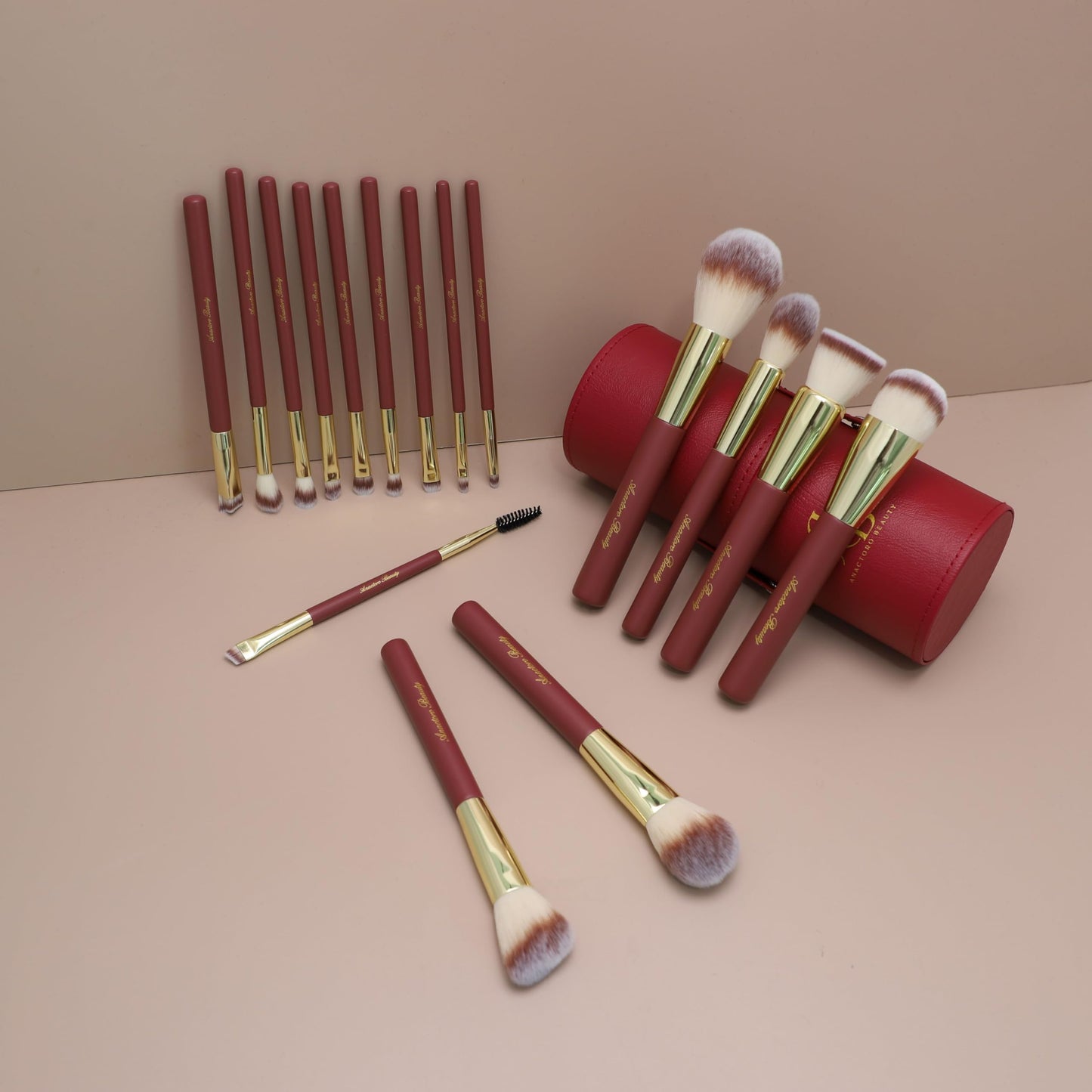 Anactoro Beauty Travel Makeup Brush Set, 16 Professional Vegan Matte Wood Handle Red Gold Makeup Brushes Set and 2 Makeup Sponges, ON-THE-GO Make up Brushes Set with Case (Red)