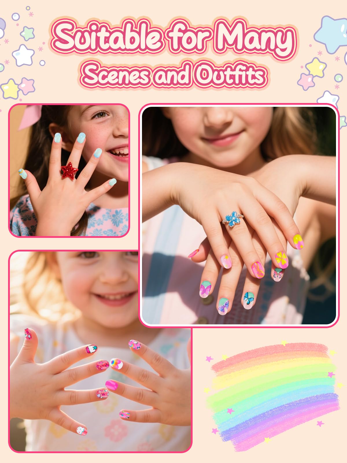 168 Pieces Press on Nails for Girls, EBANKU Short Candy Rainbow Butterfly Fake Nails Kids 6-12 Years Stick On False Nails Kit with Nail Glue, Full Cover Nails Tip Kit for Children Nail DIY